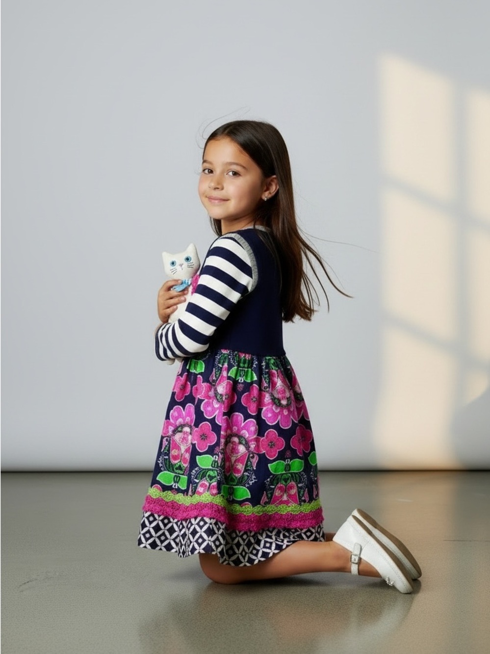 Navy & Pink Floral Stripe Girls' Casual Sweater Dress with Decorative Flower - Picture 13 of 14